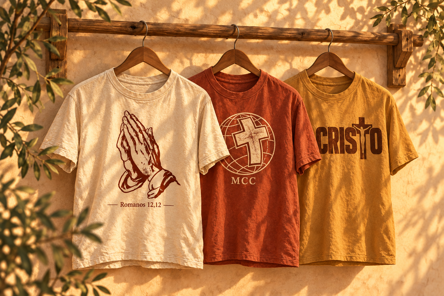 Camisetas de encontros católicos com estampas de fé, em tons terrosos, penduradas em cabides de madeira.